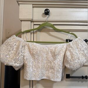 Express Ivory Sequin Off the Shoulder Crop Top